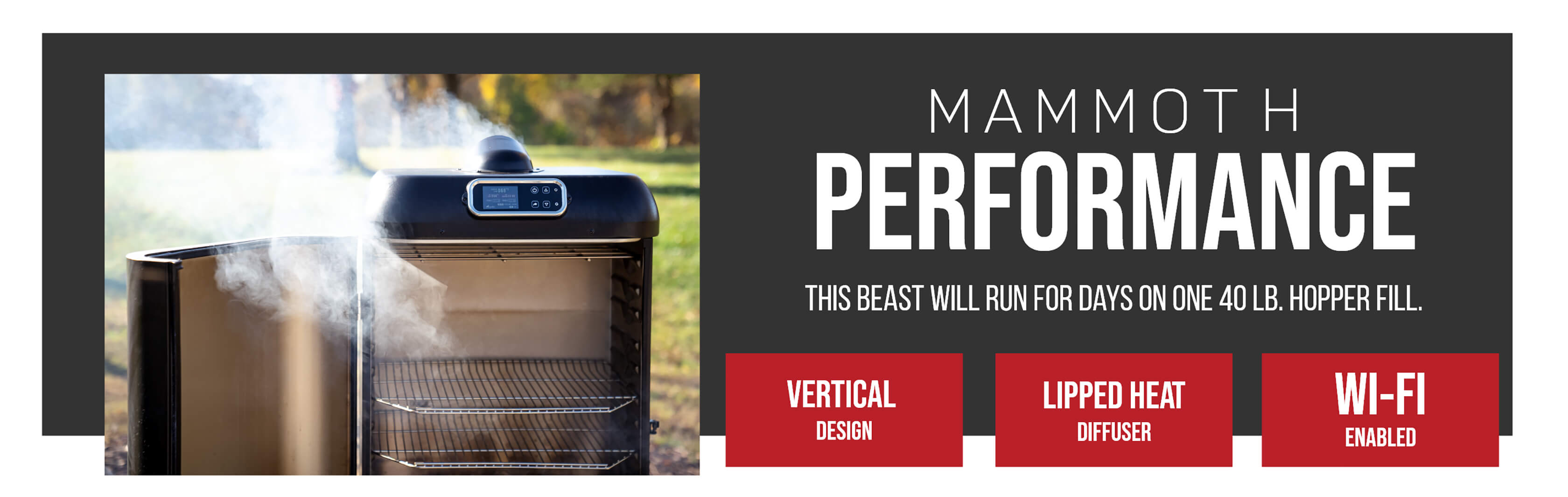 Mammoth Performance- this beast will run for days on one 40lb hopper fill ( vertical design, lipped heat diffuser, wi-fi enabled) 